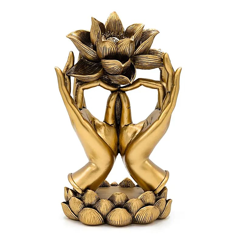 金色双手托莲树脂摆件，配莲瓣底座