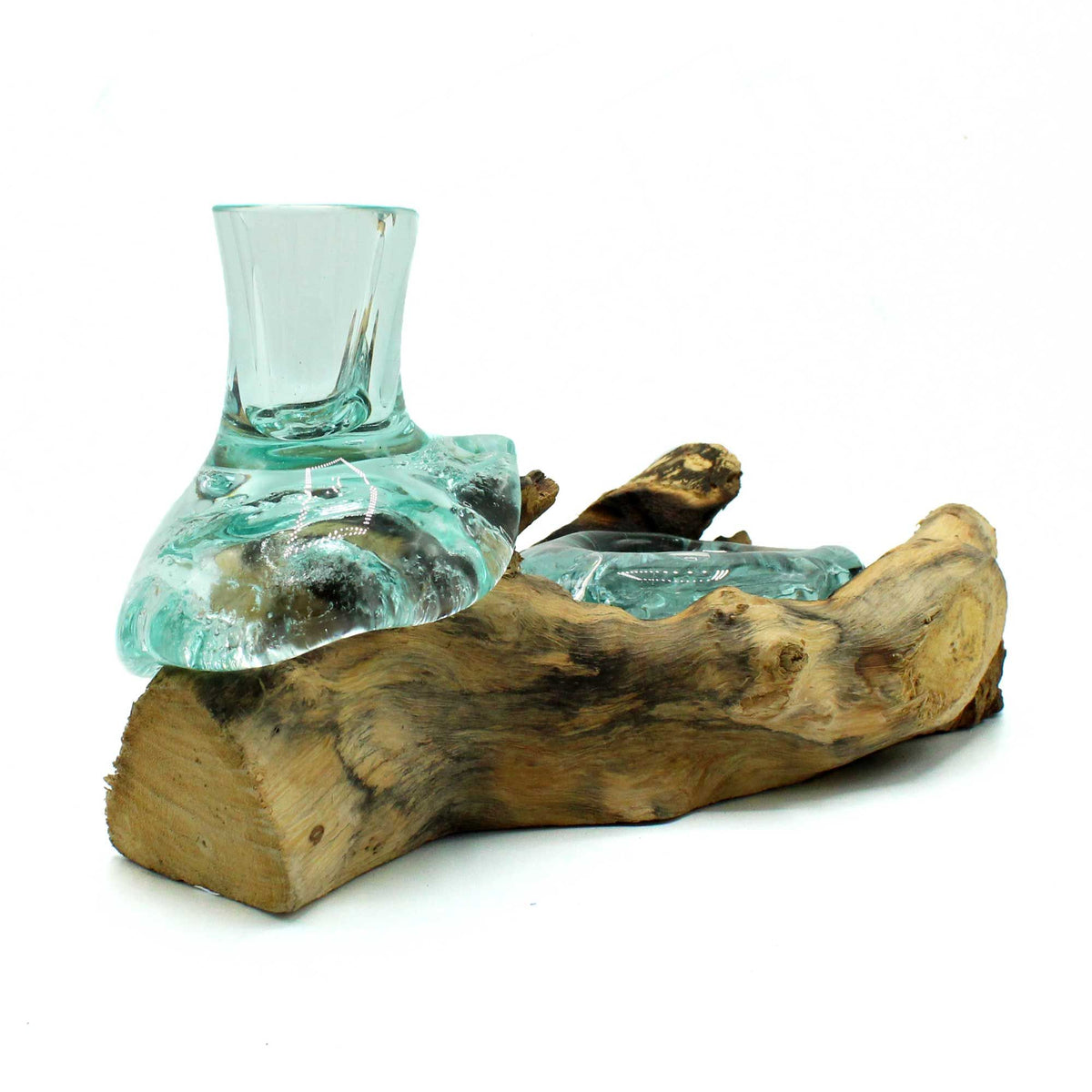 Piccolo vaso per fiori in vetro fuso e portacandele su base di legno