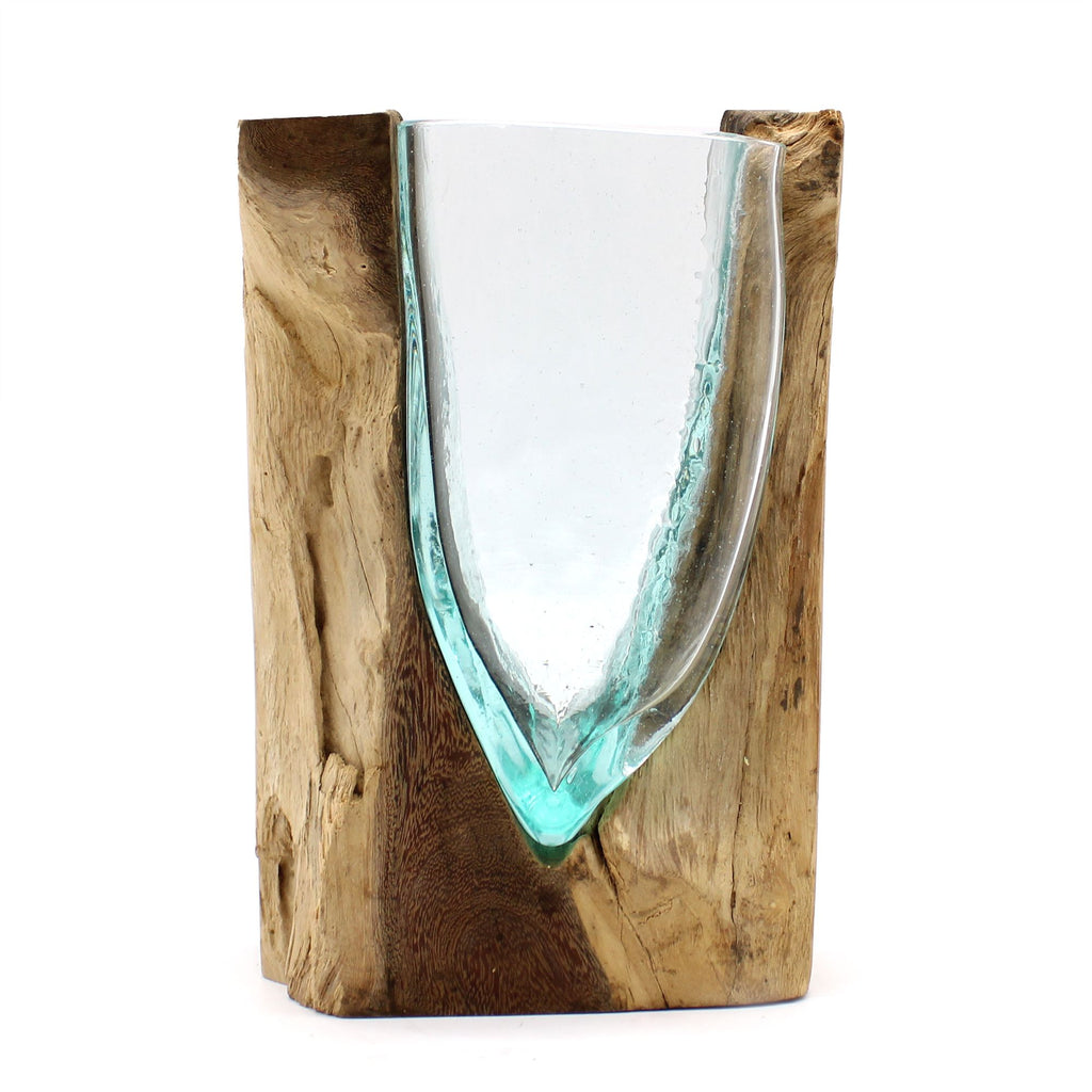 1 vaso artistico a forma di V in vetro Molton su base di legno