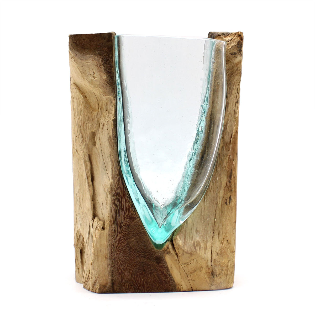1 vaso artistico a forma di V in vetro Molton su base di legno