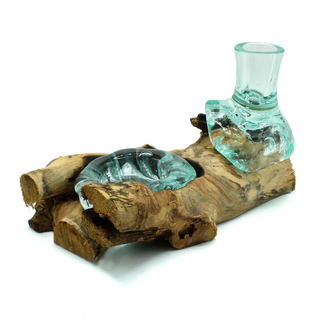 Piccolo vaso per fiori in vetro fuso e portacandele su base di legno
