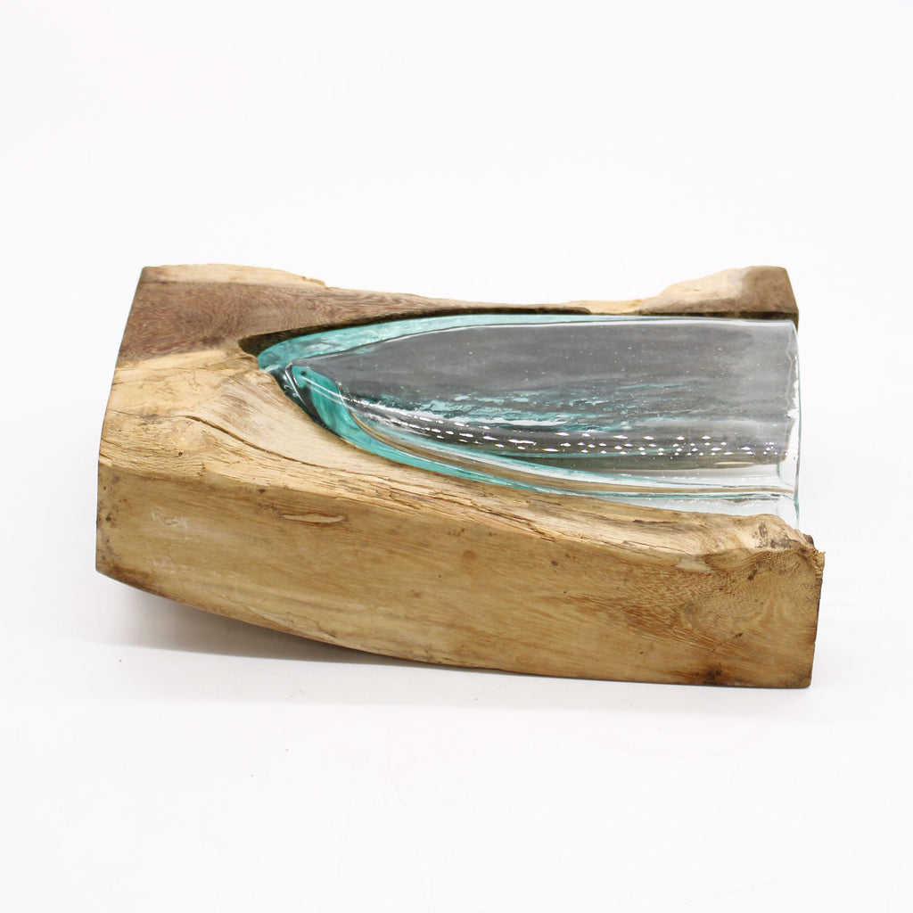 1 vaso artistico a forma di V in vetro Molton su base di legno