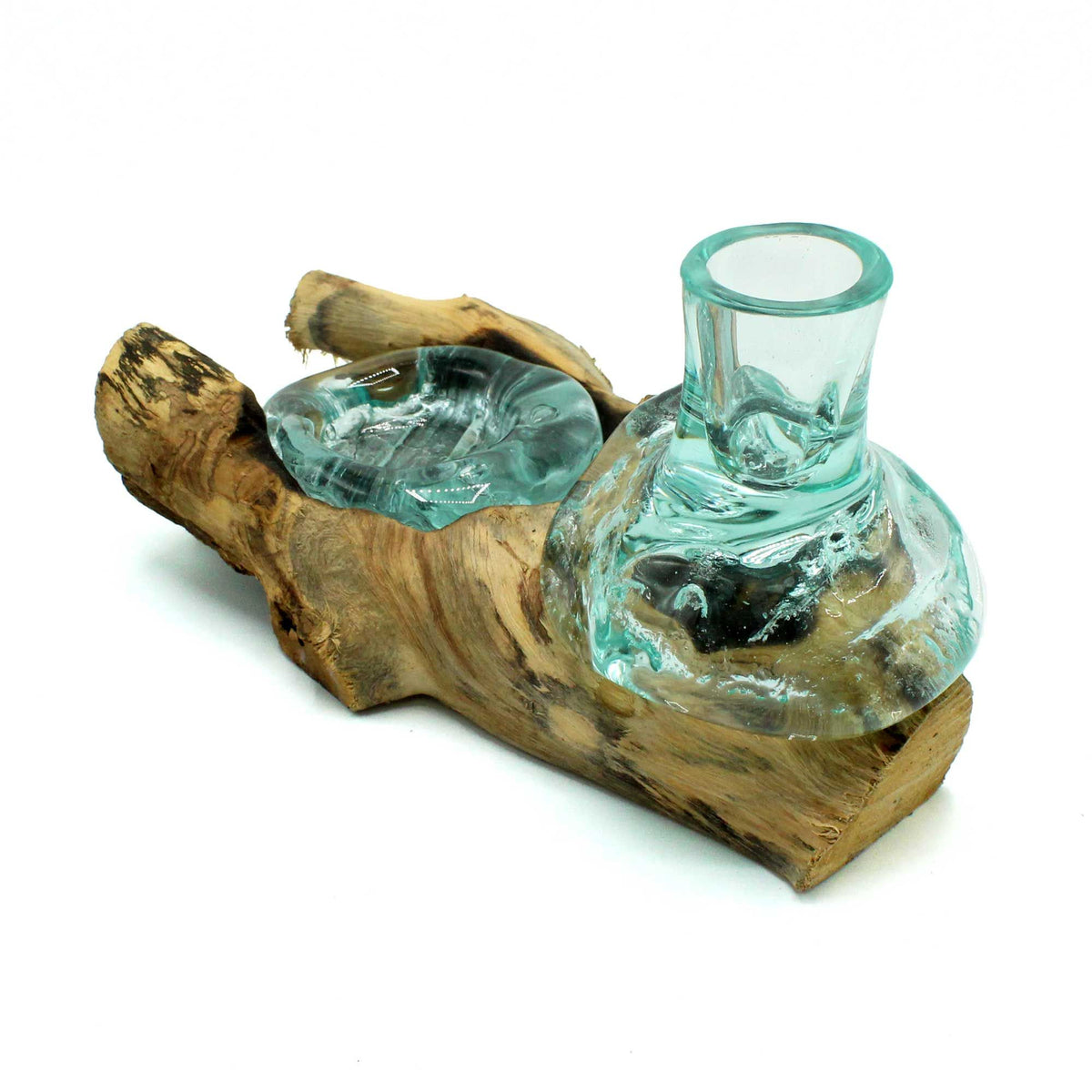 Piccolo vaso per fiori in vetro fuso e portacandele su base di legno