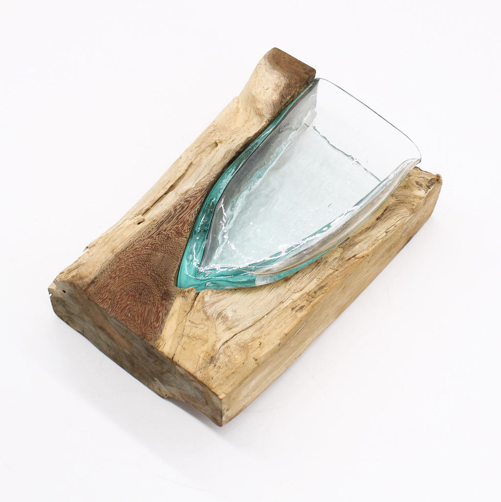 1 vaso artistico a forma di V in vetro Molton su base di legno