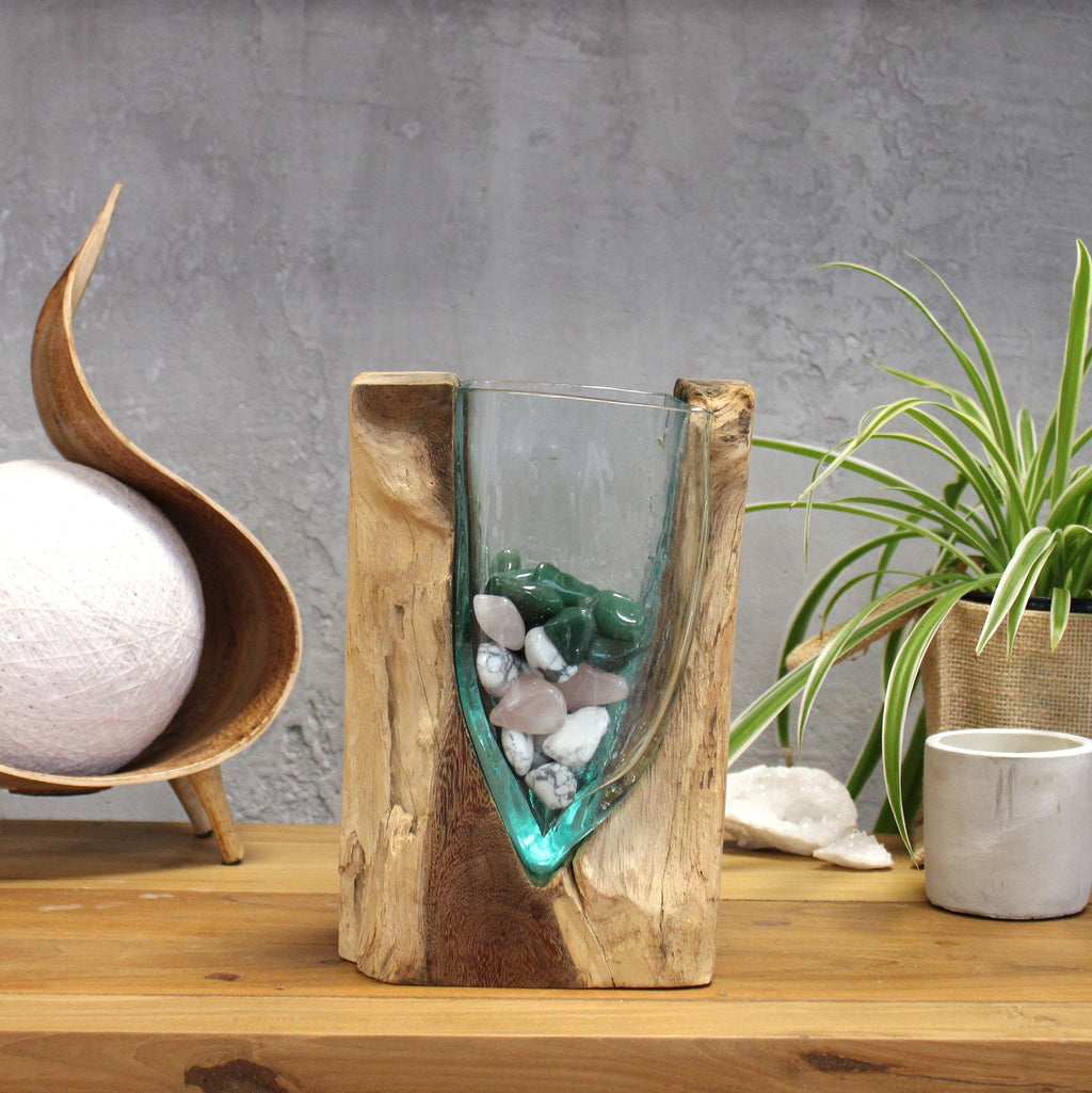 1 vaso artistico a forma di V in vetro Molton su base di legno