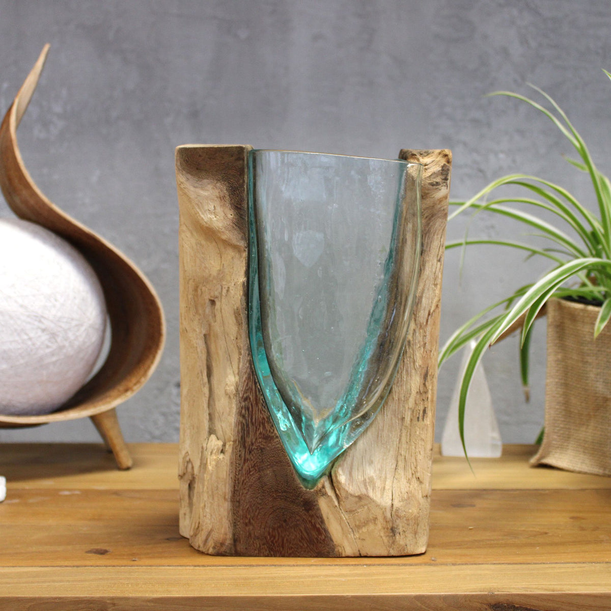 1 vaso artistico a forma di V in vetro Molton su base di legno