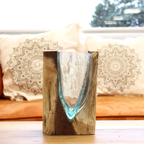1 vaso artistico a forma di V in vetro Molton su base di legno