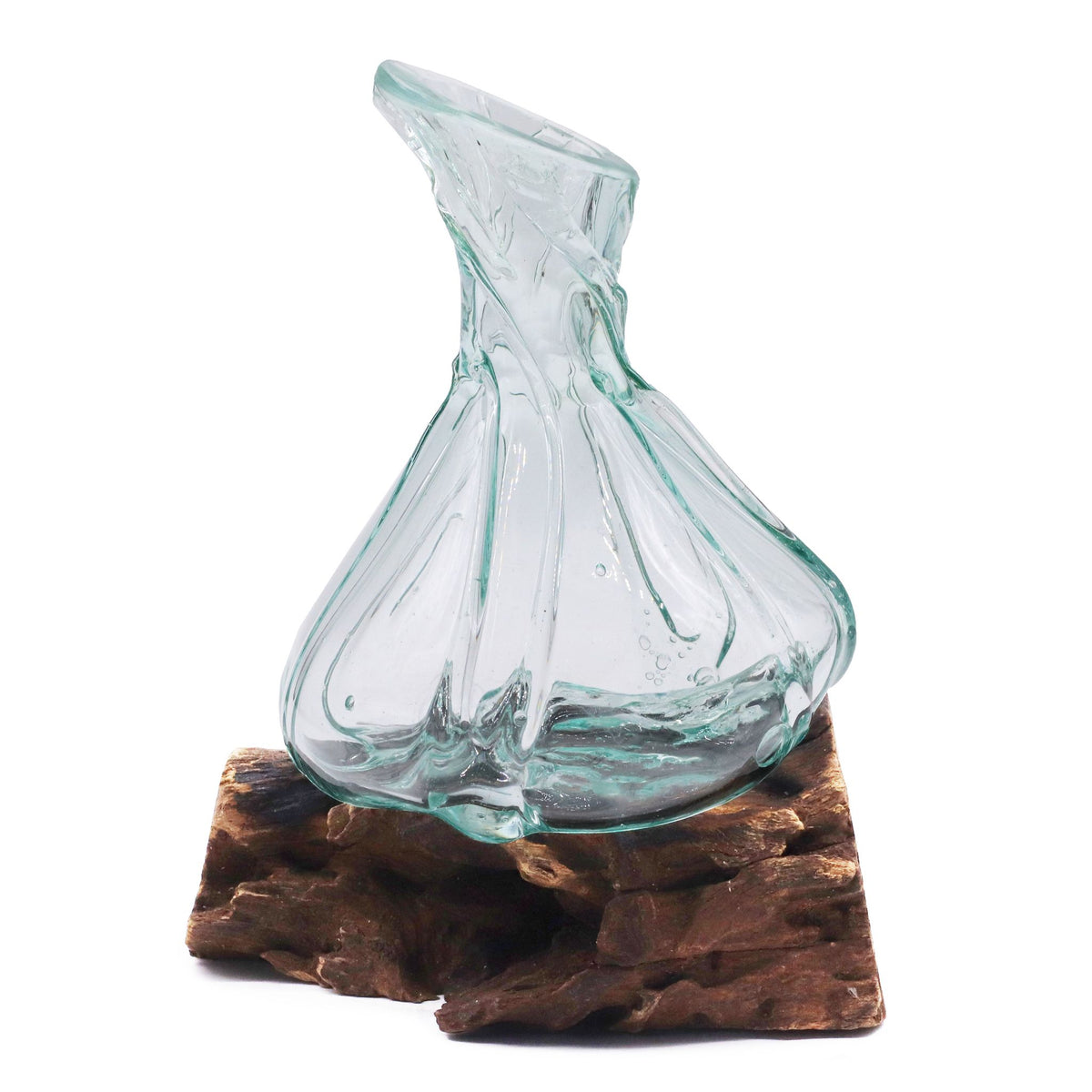 Mini caraffa decorativa in vetro fuso su base di legno,