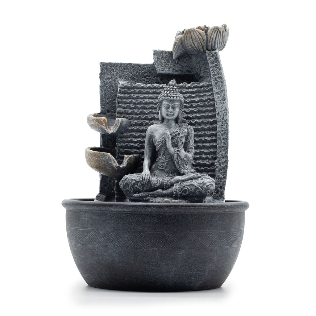 Fontana da tavolo  Buddha, vasi a cascata con fiori di loto