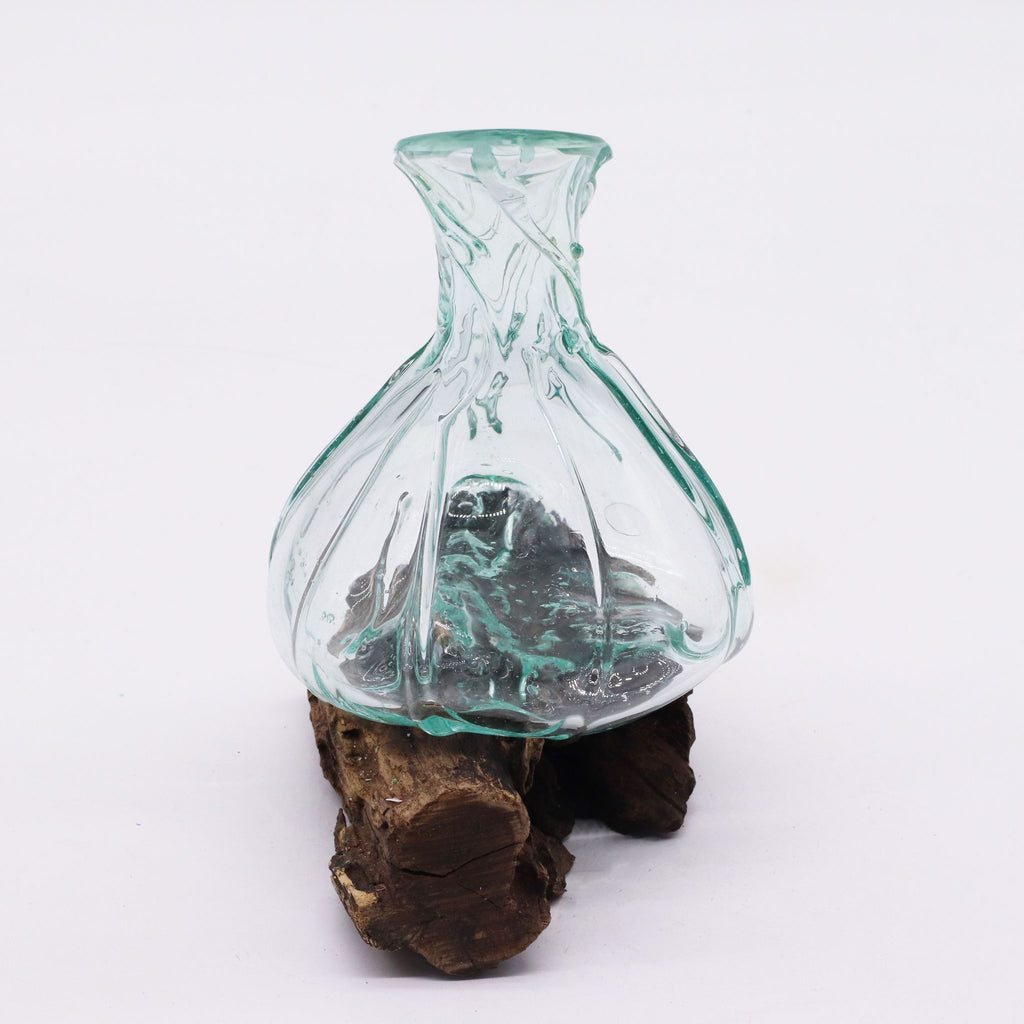 Mini caraffa decorativa in vetro fuso su base di legno,