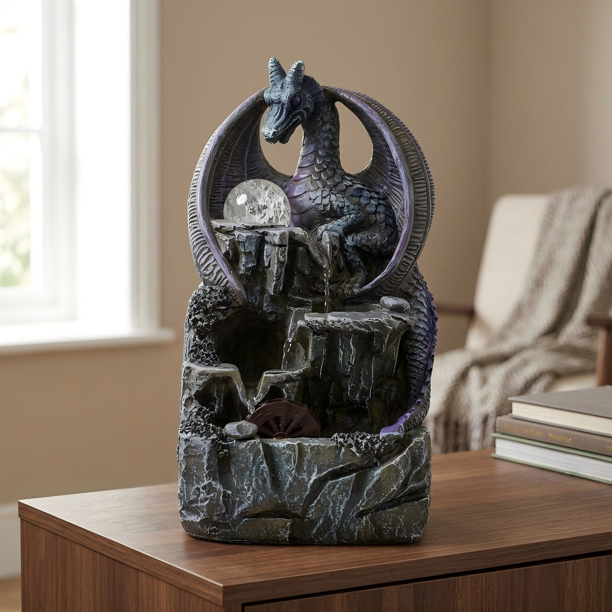 Fontana da tavolo  Drago viola, sfera di cristallo e ruota idraulica