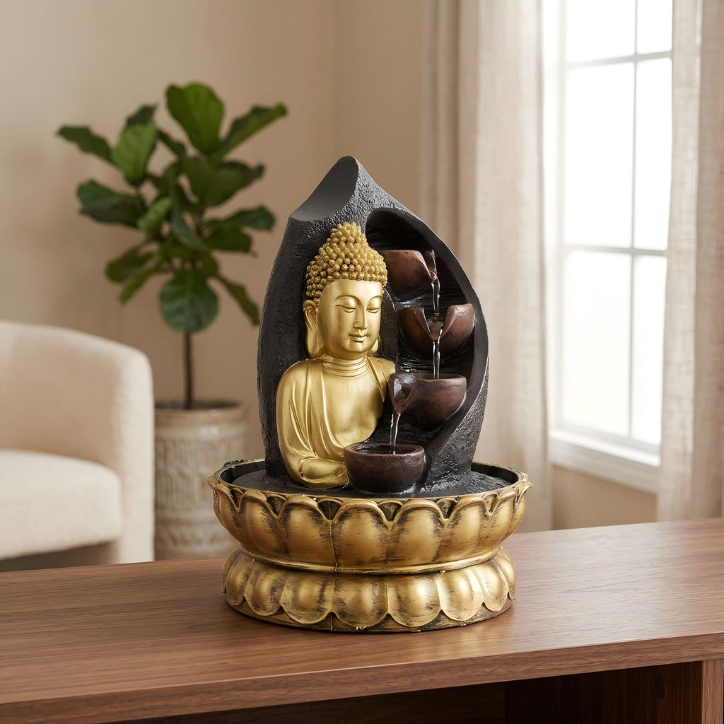 Fontana da tavolo - 30 cm - Buddha dorato e vasi per versare l'acqua
